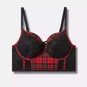 Torrid sz 44C Tartan plaid red and black XO boost plunge bralette NWT
